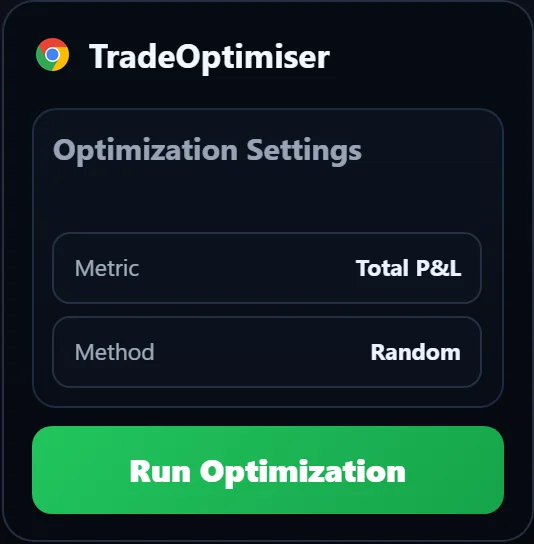 TradeOptimiser in TradingView: optimisation metric Total P&L and random search method