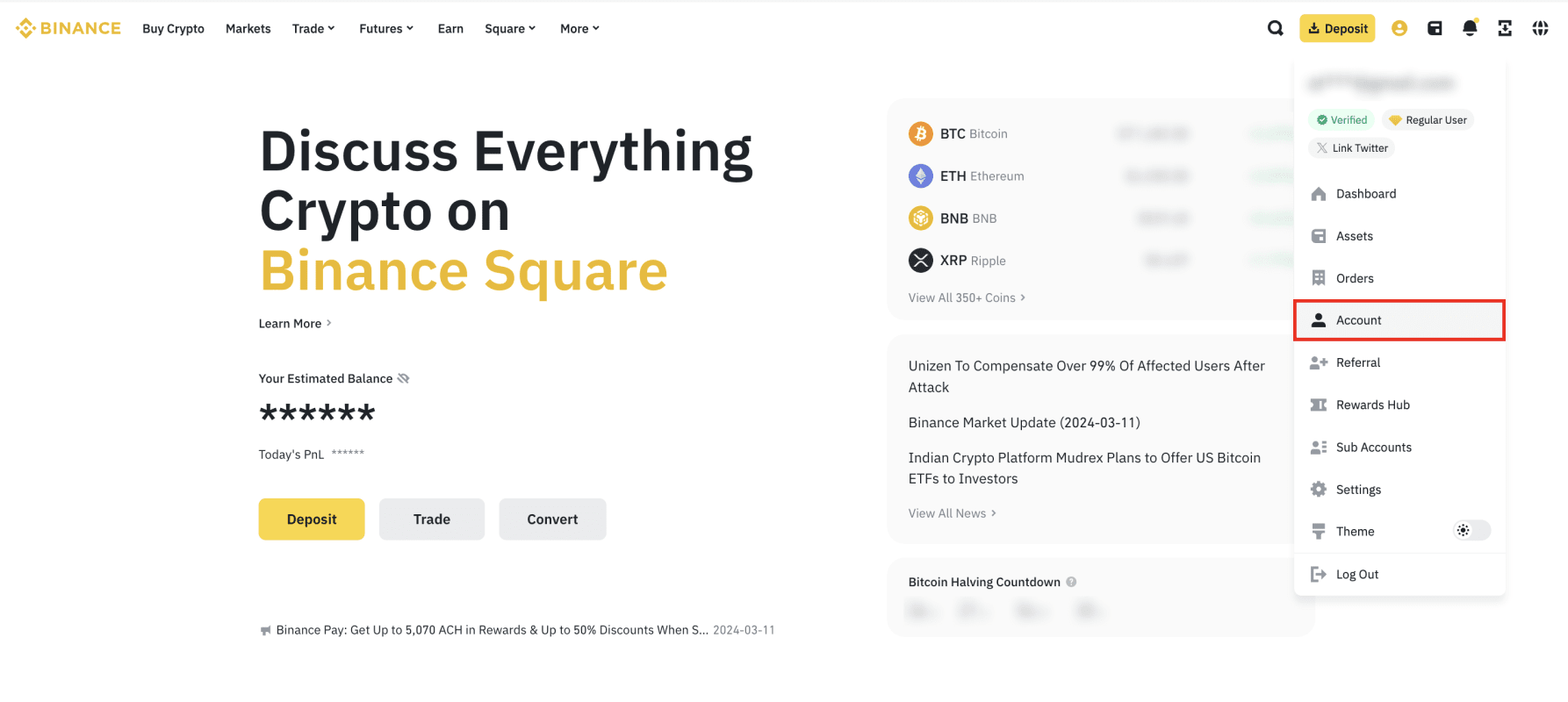 Binance profile menu with the Account entry highlighted