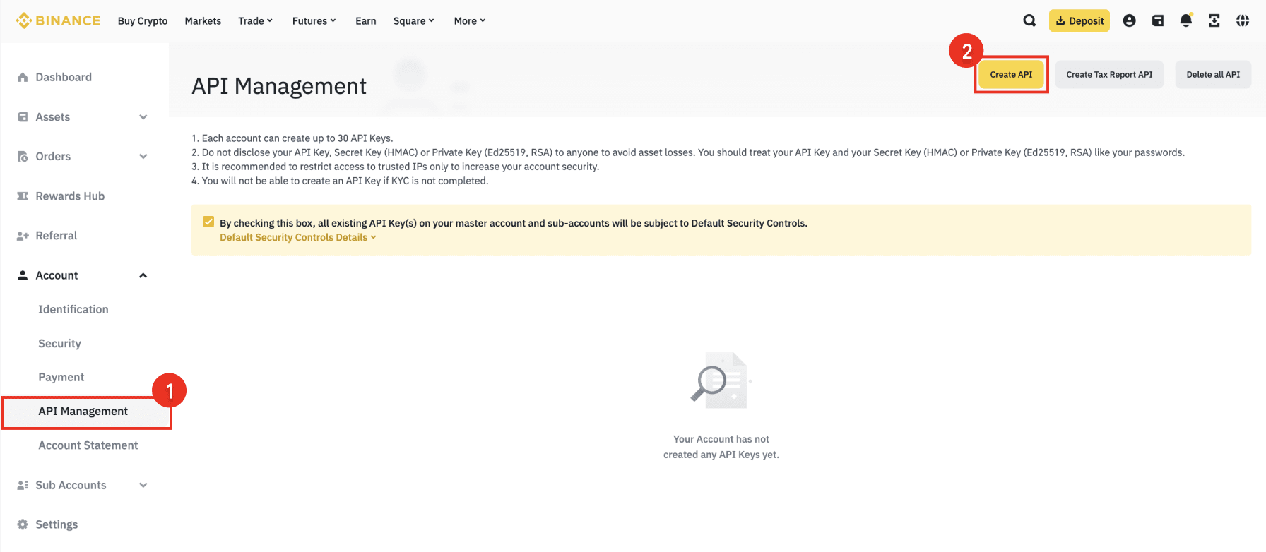 Binance API Management page with the Create API button