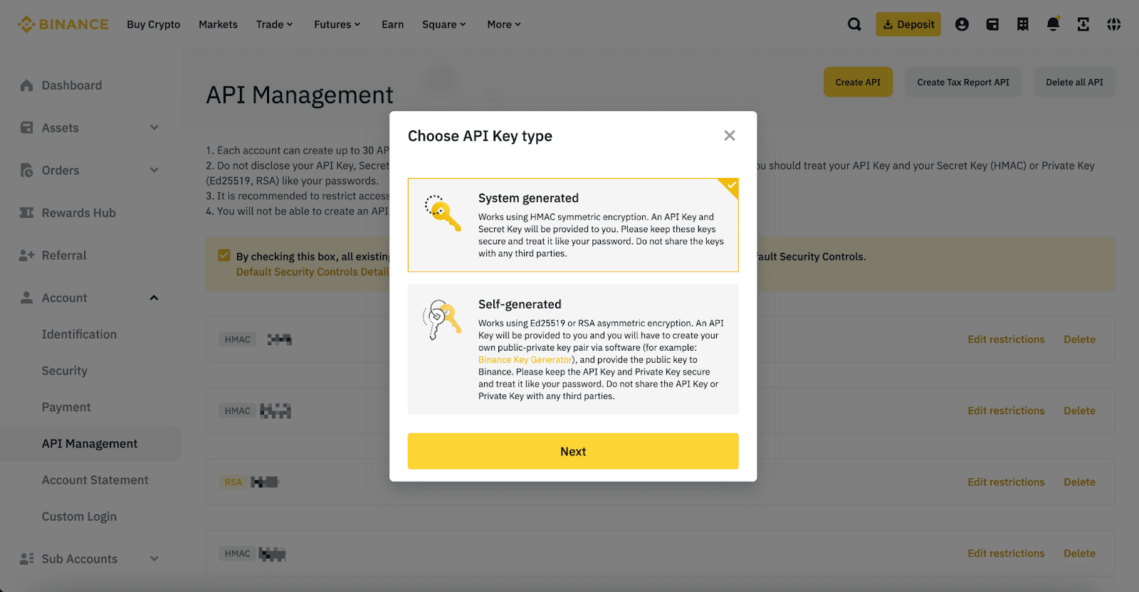 Binance Choose API Key type dialog with System generated selected