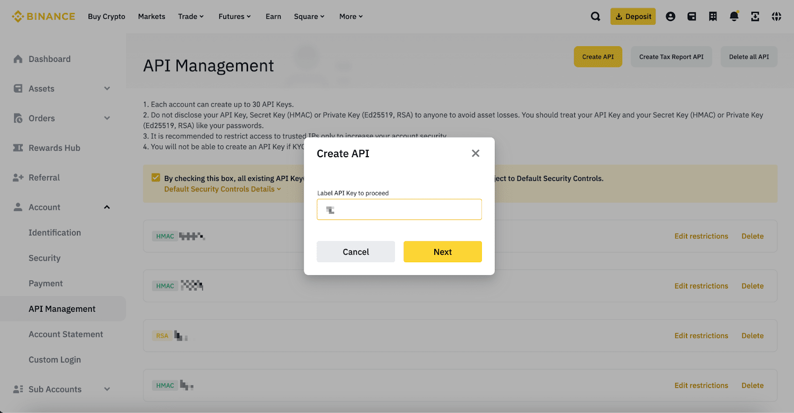 Binance Create API dialog asking for an API key label
