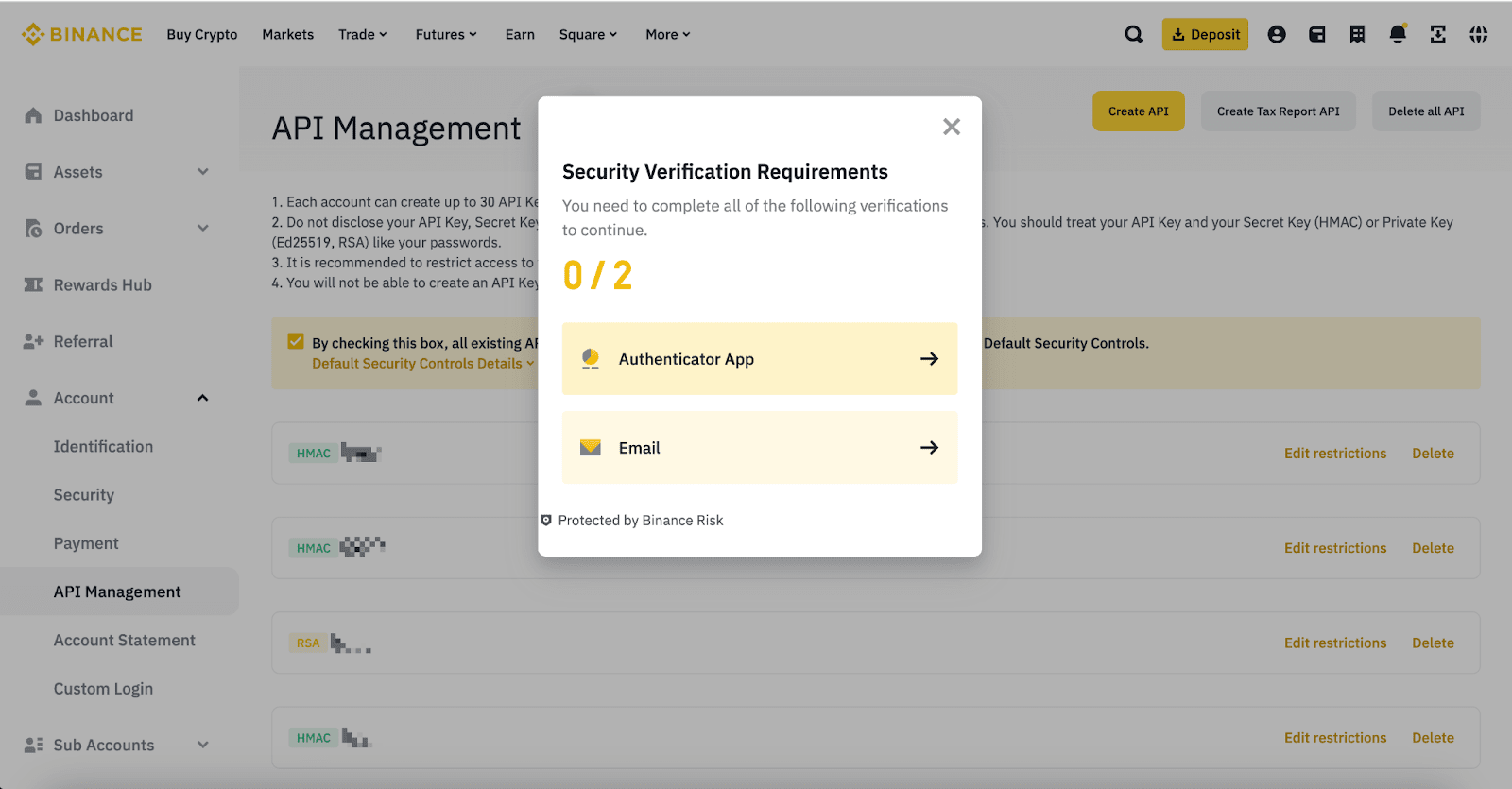 Binance security verification when creating an API key
