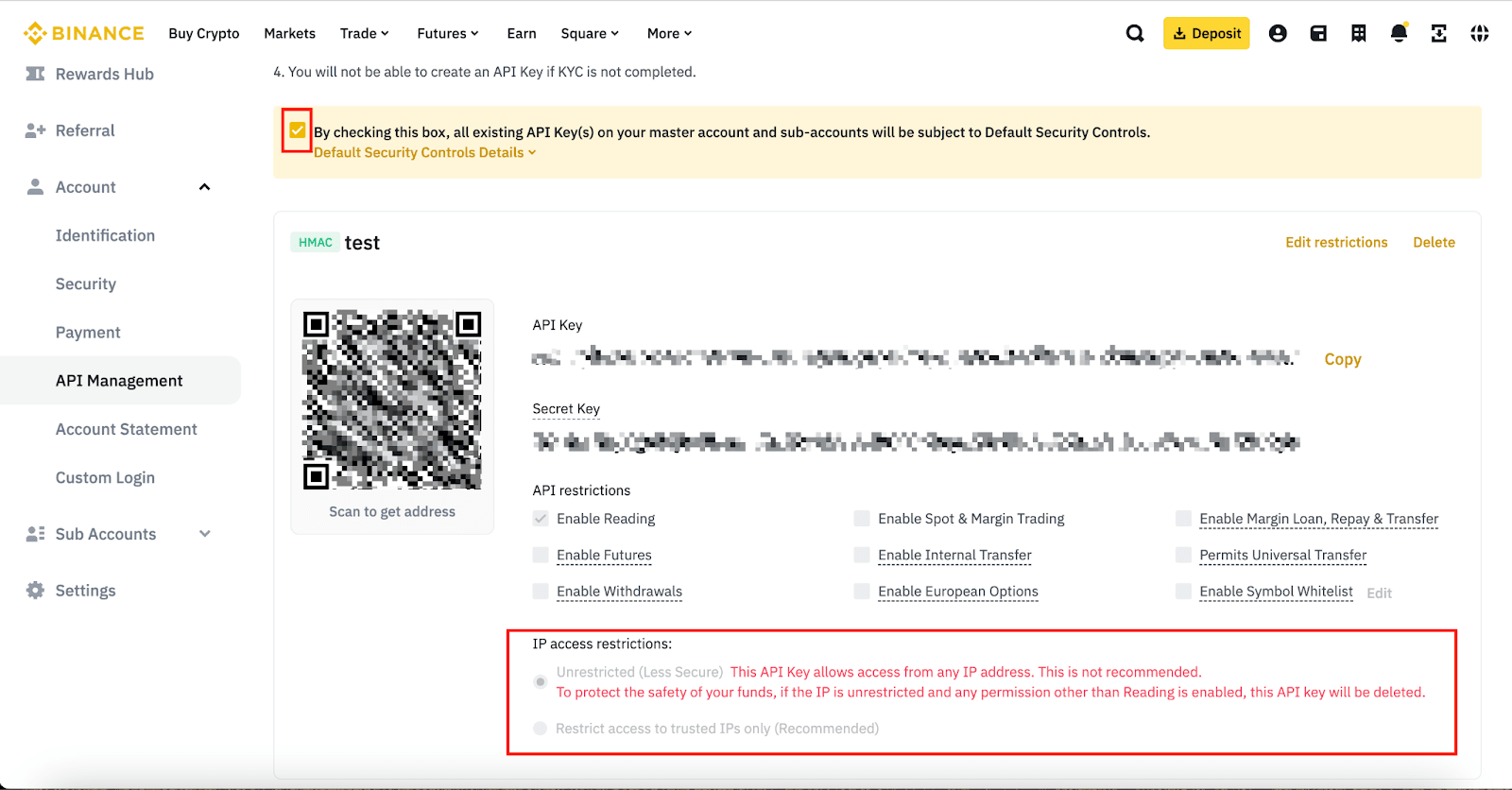 Binance API restrictions and IP access restrictions for TradeAdapter webhook automation