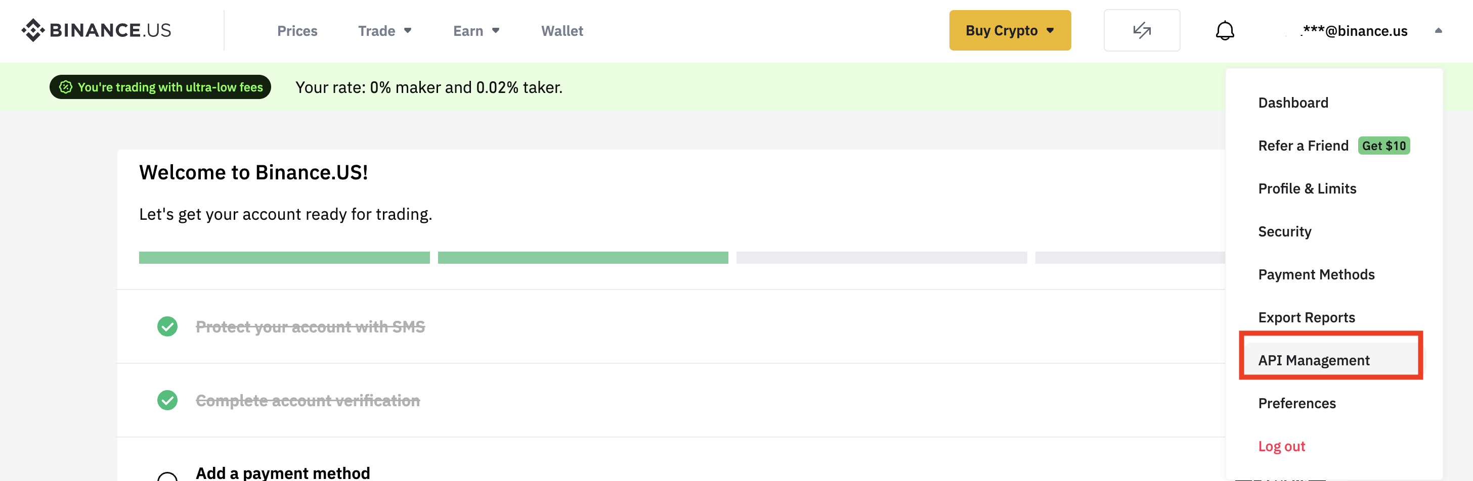 Binance.US account menu with API Management highlighted