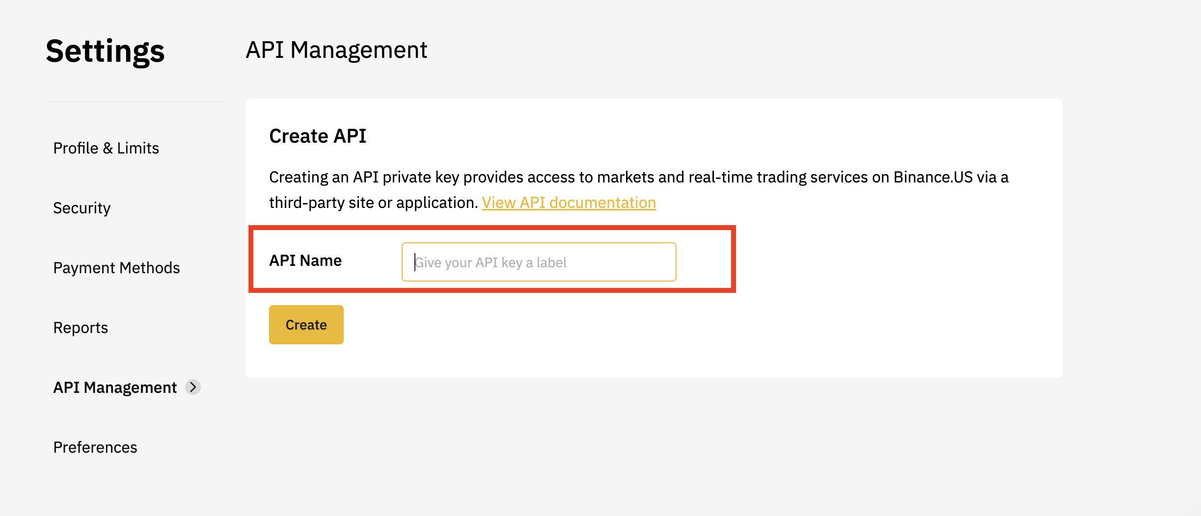 Binance.US Create API form with the API Name field