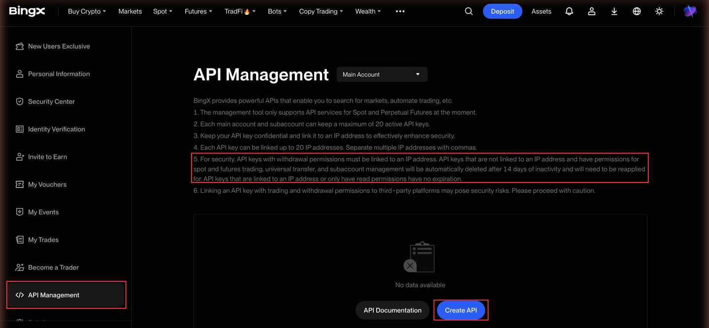 BingX API Management page with the Create API button and the key expiry rules