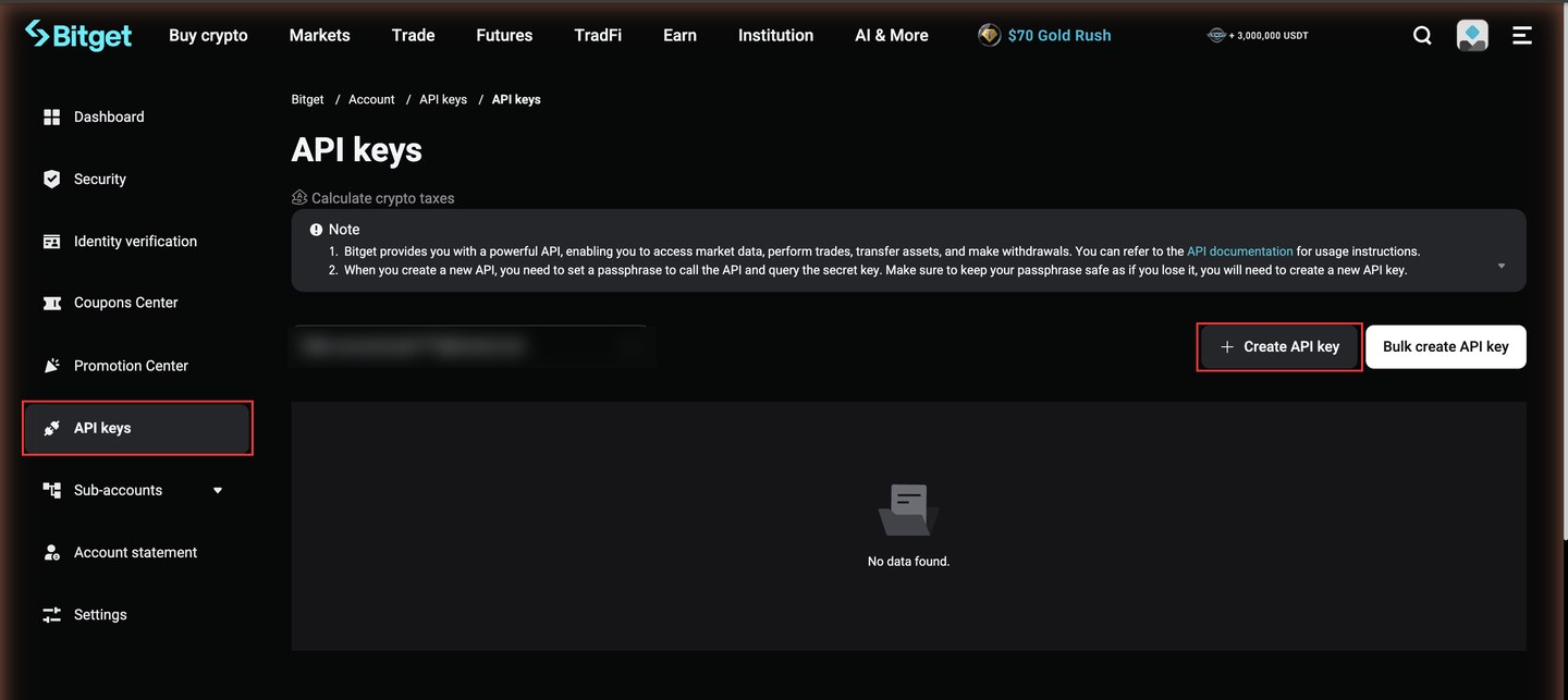 Bitget account menu with API keys selected and the Create API key button