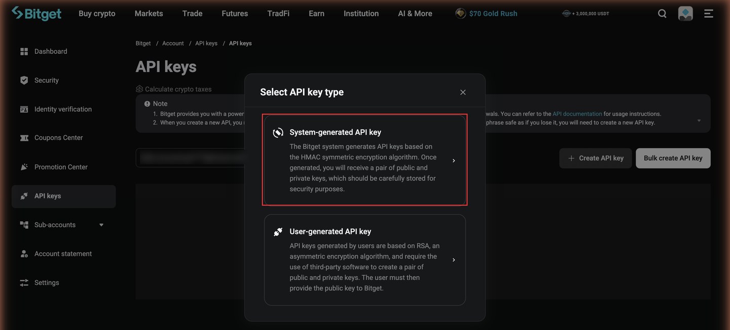 Bitget Select API key type dialog with System-generated API key highlighted