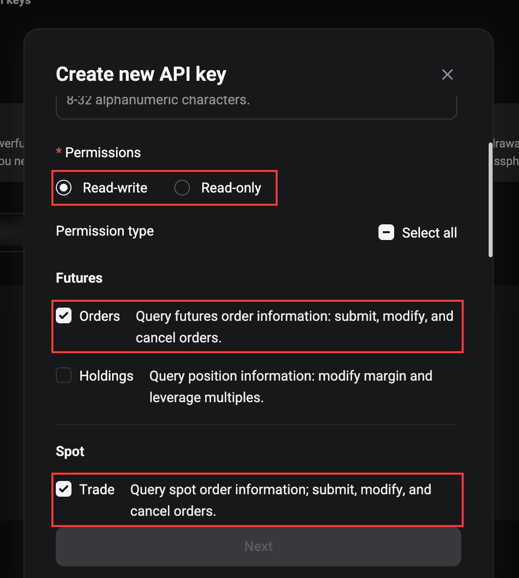Bitget Create new API key form with Read-write permissions and Spot Trade enabled