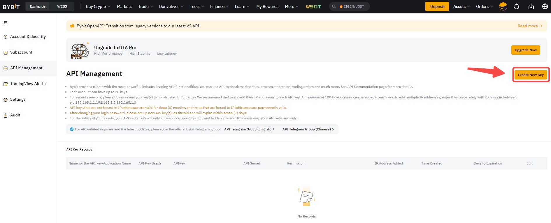 Bybit API Management page with the Create New Key button highlighted