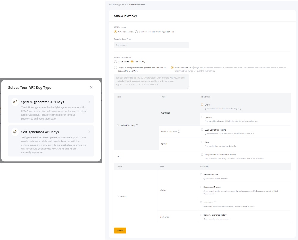 Bybit Create New Key form showing usage, permissions and IP restriction options