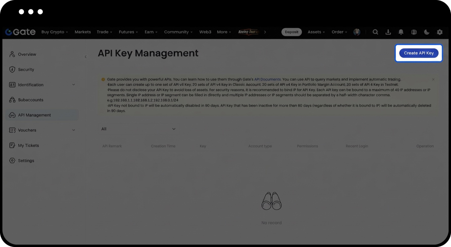Gate API management page with the Create API Key button