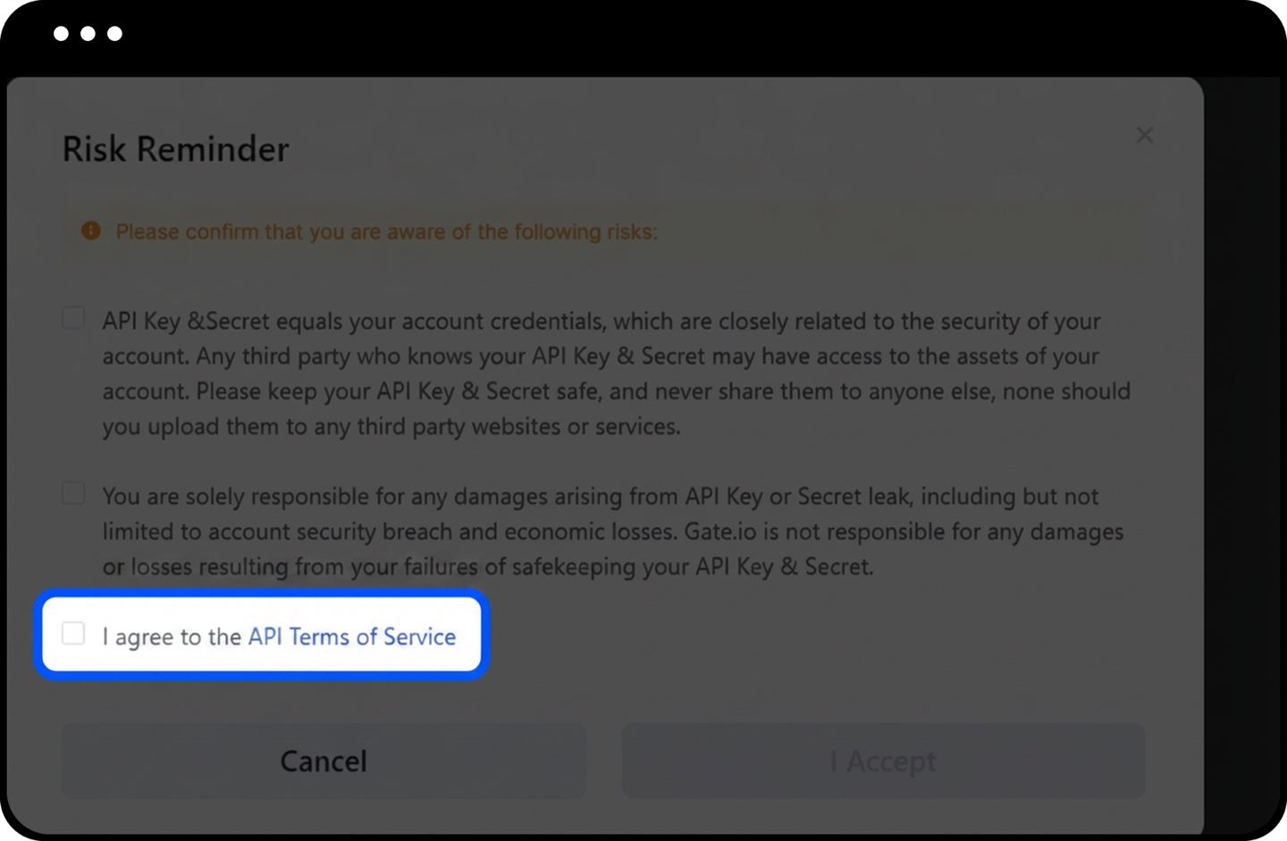 Gate API key permission and IP binding settings