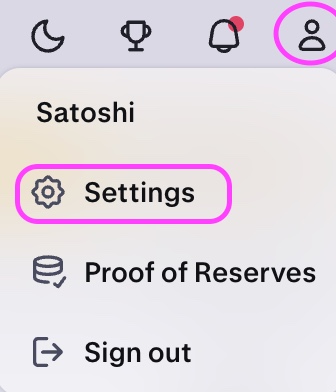 Kraken account menu with the Settings option