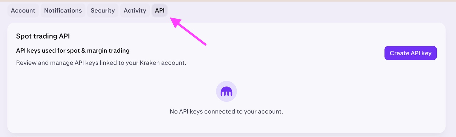 Kraken settings API tab with the Create API key button