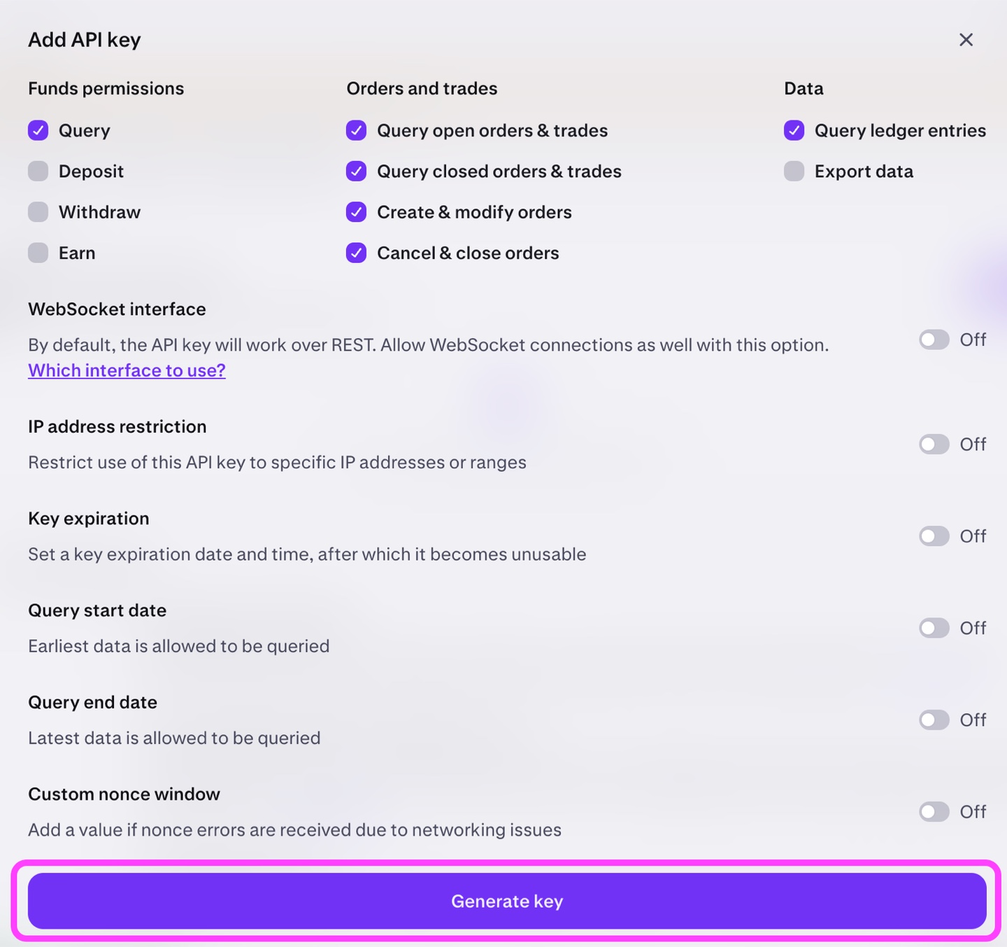 Kraken Add API key dialog showing permissions and IP address restriction