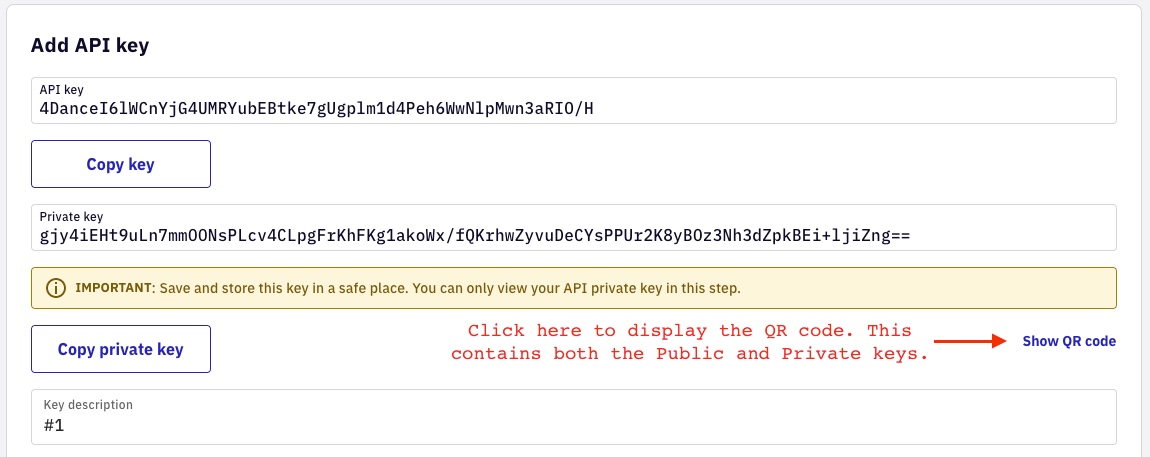 Kraken generated API key and private key with a save-them-now warning