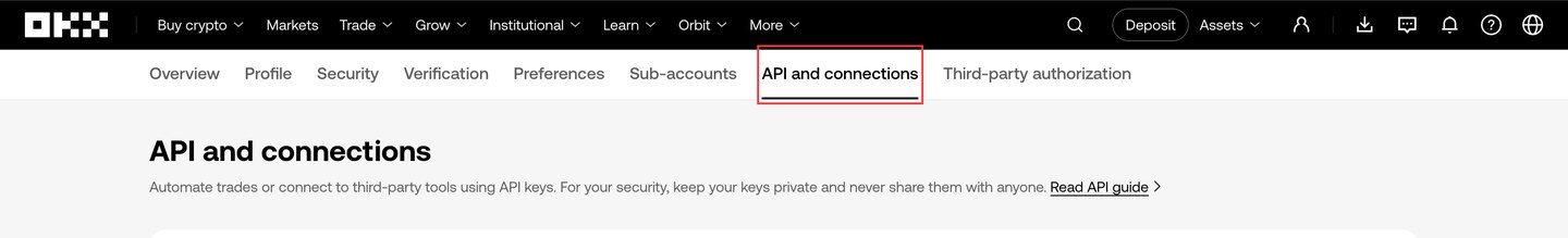 OKX account navigation with the API and connections tab