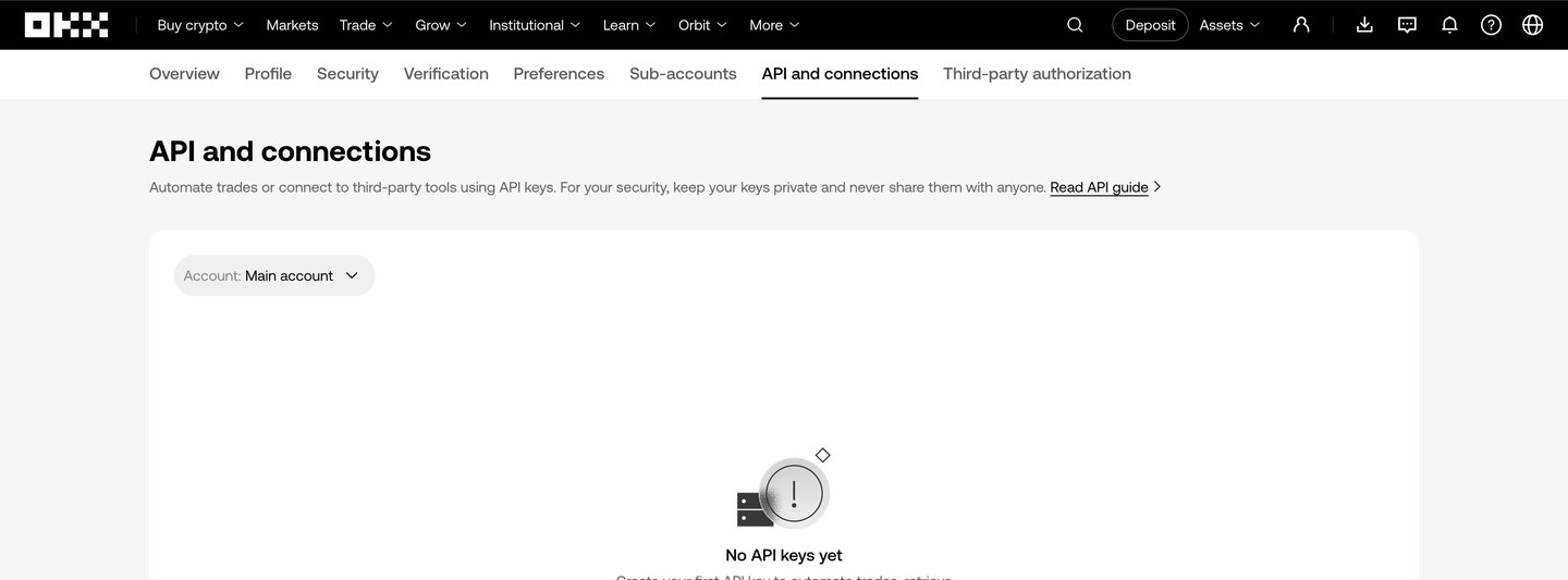 OKX API and connections page with the Create API key button