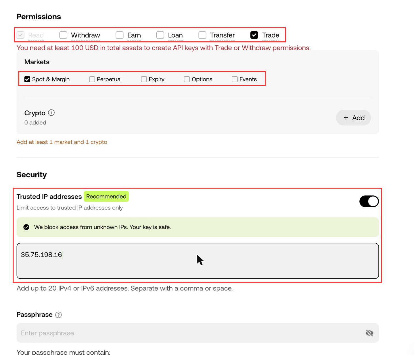 OKX Create API keys form with Trade permission, Spot and Margin market and the Crypto list filled in