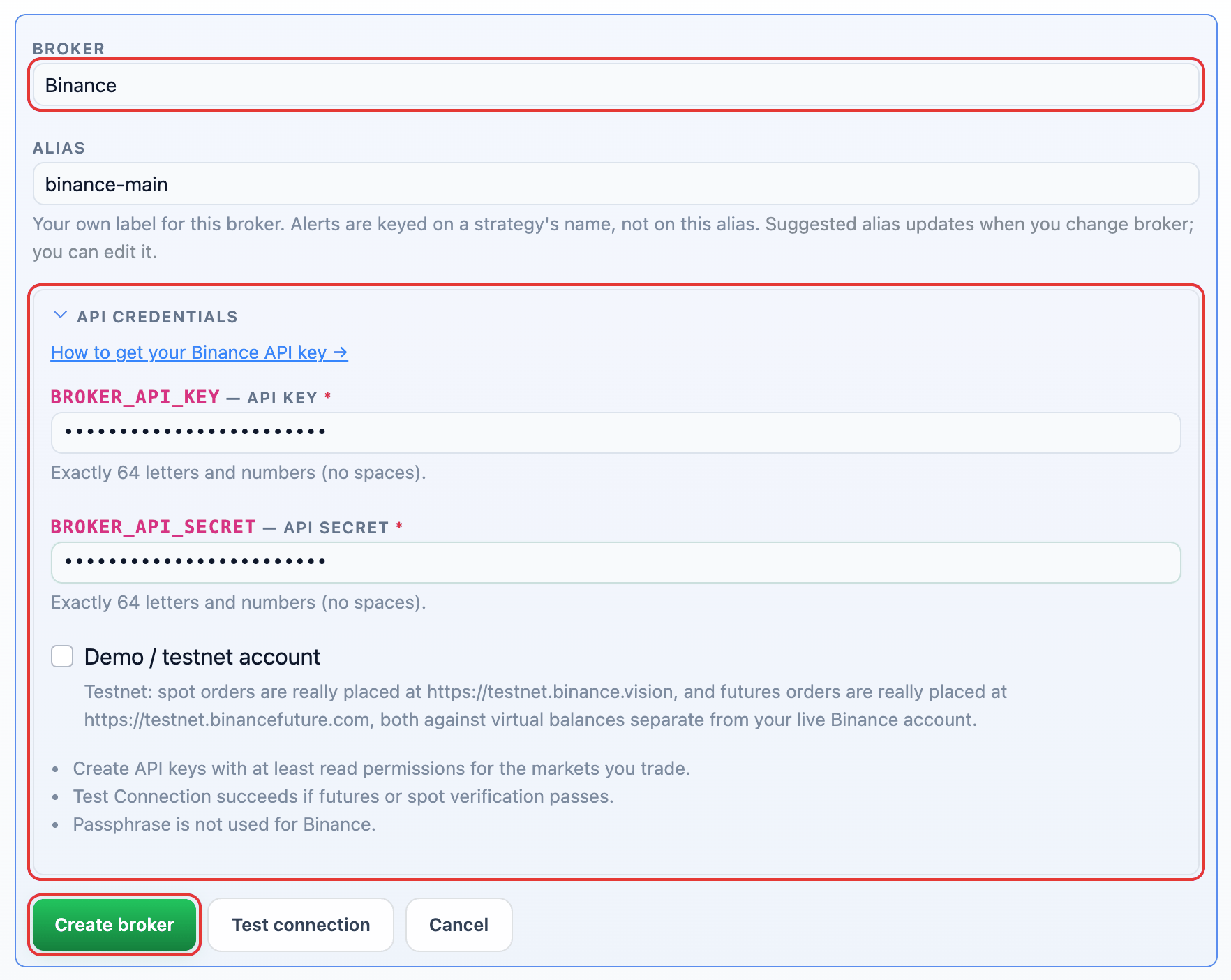Binance selected in the Add broker form with its API credential fields and the Create broker button