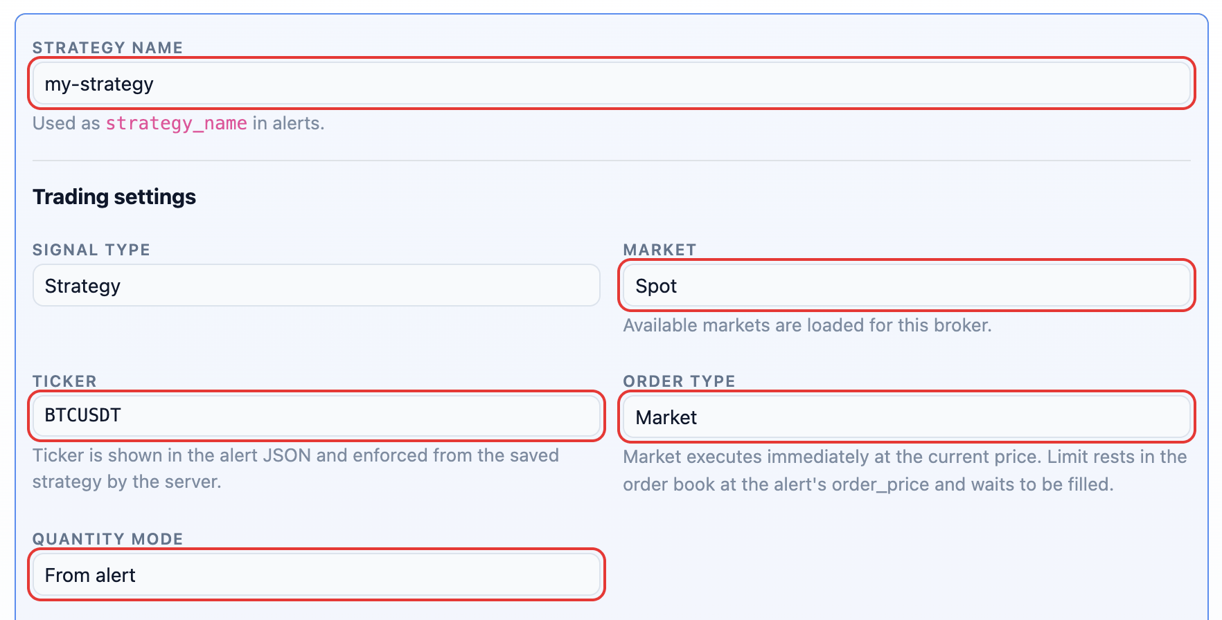Add strategy form for Binance: strategy name, market, ticker, order type and quantity mode