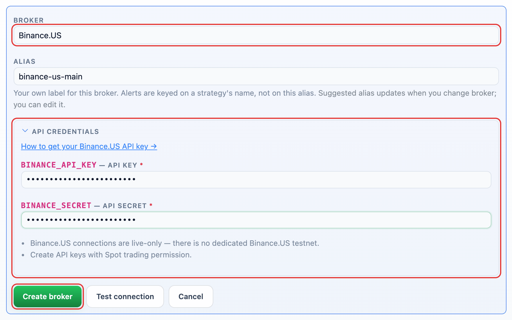 Binance.US selected in the Add broker form with its API credential fields and the Create broker button