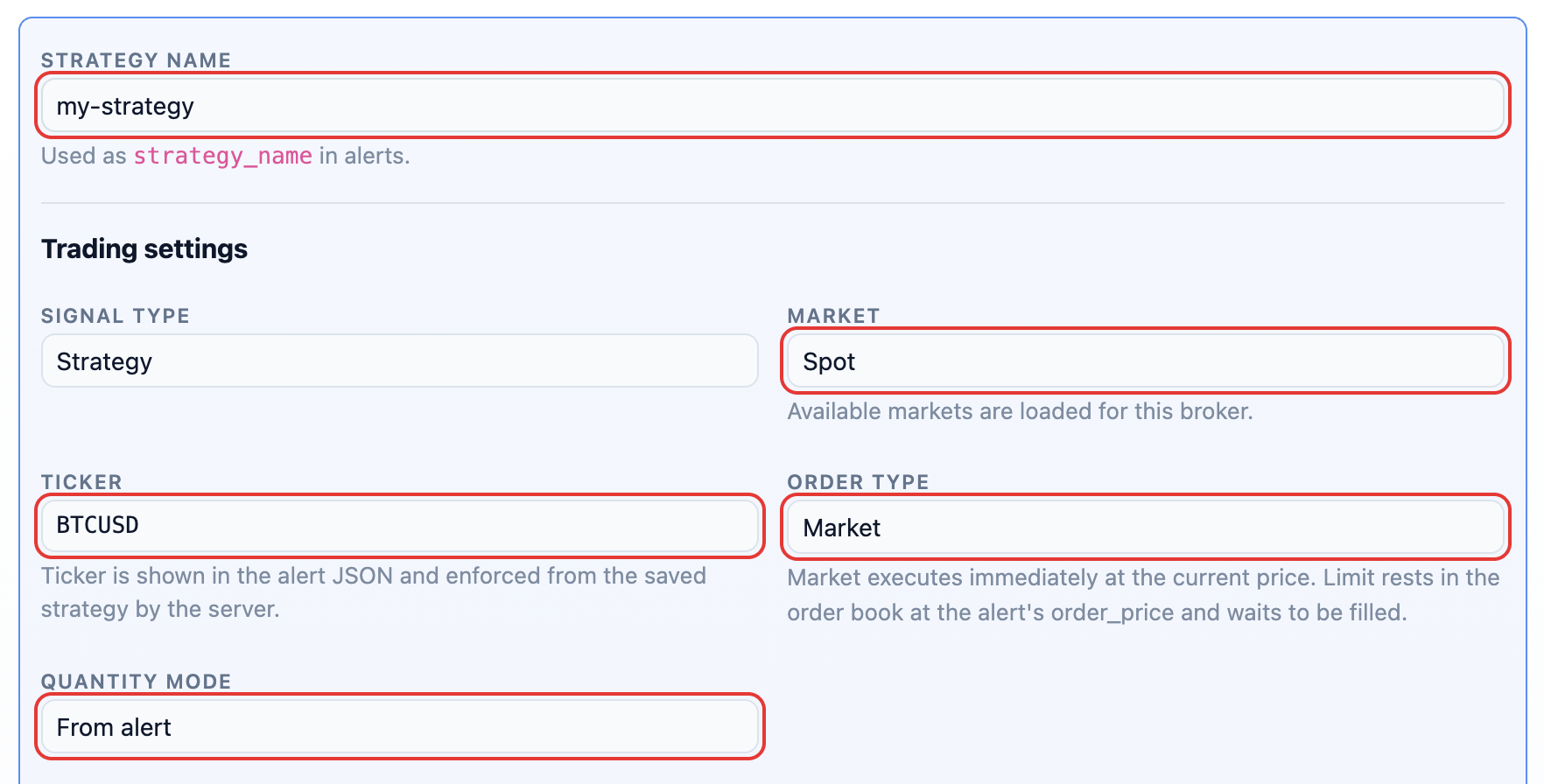 Add strategy form for Binance.US: strategy name, market, ticker, order type and quantity mode