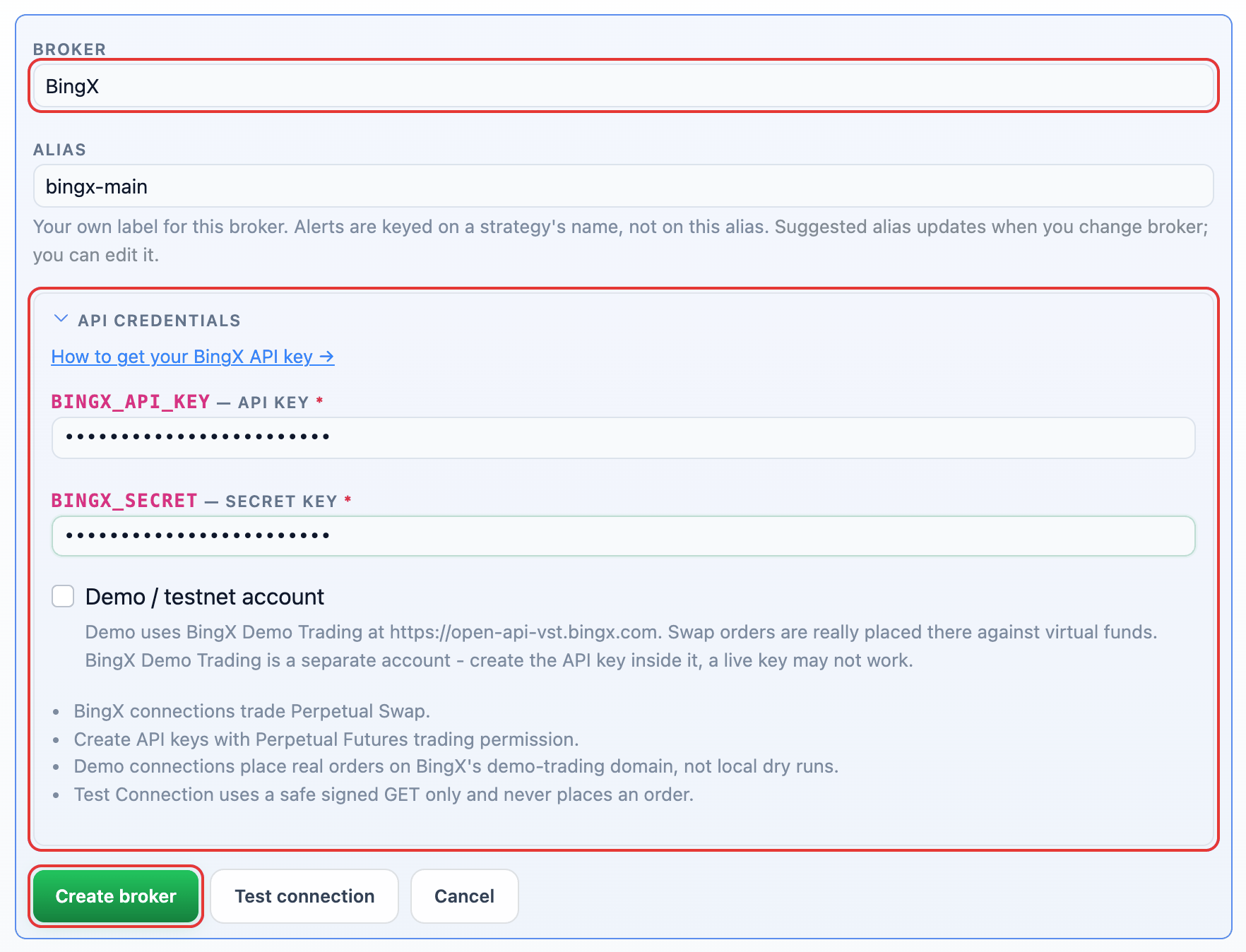 BingX selected in the Add broker form with its API credential fields and the Create broker button