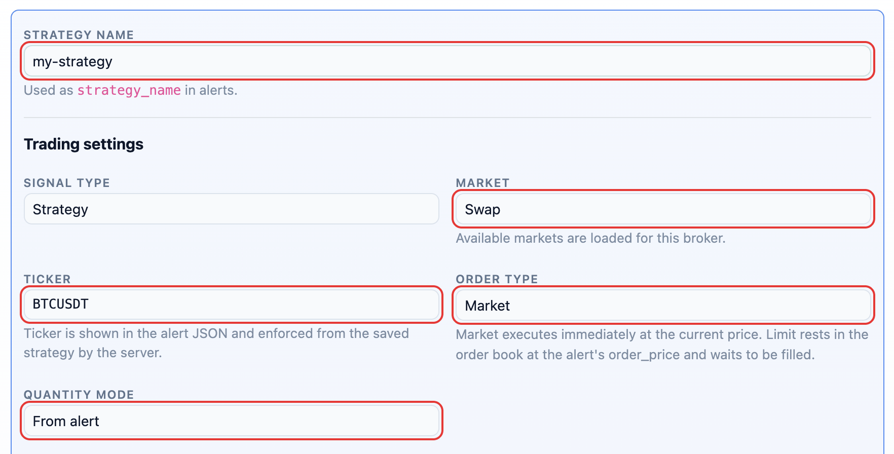 Add strategy form for BingX: strategy name, market, ticker, order type and quantity mode