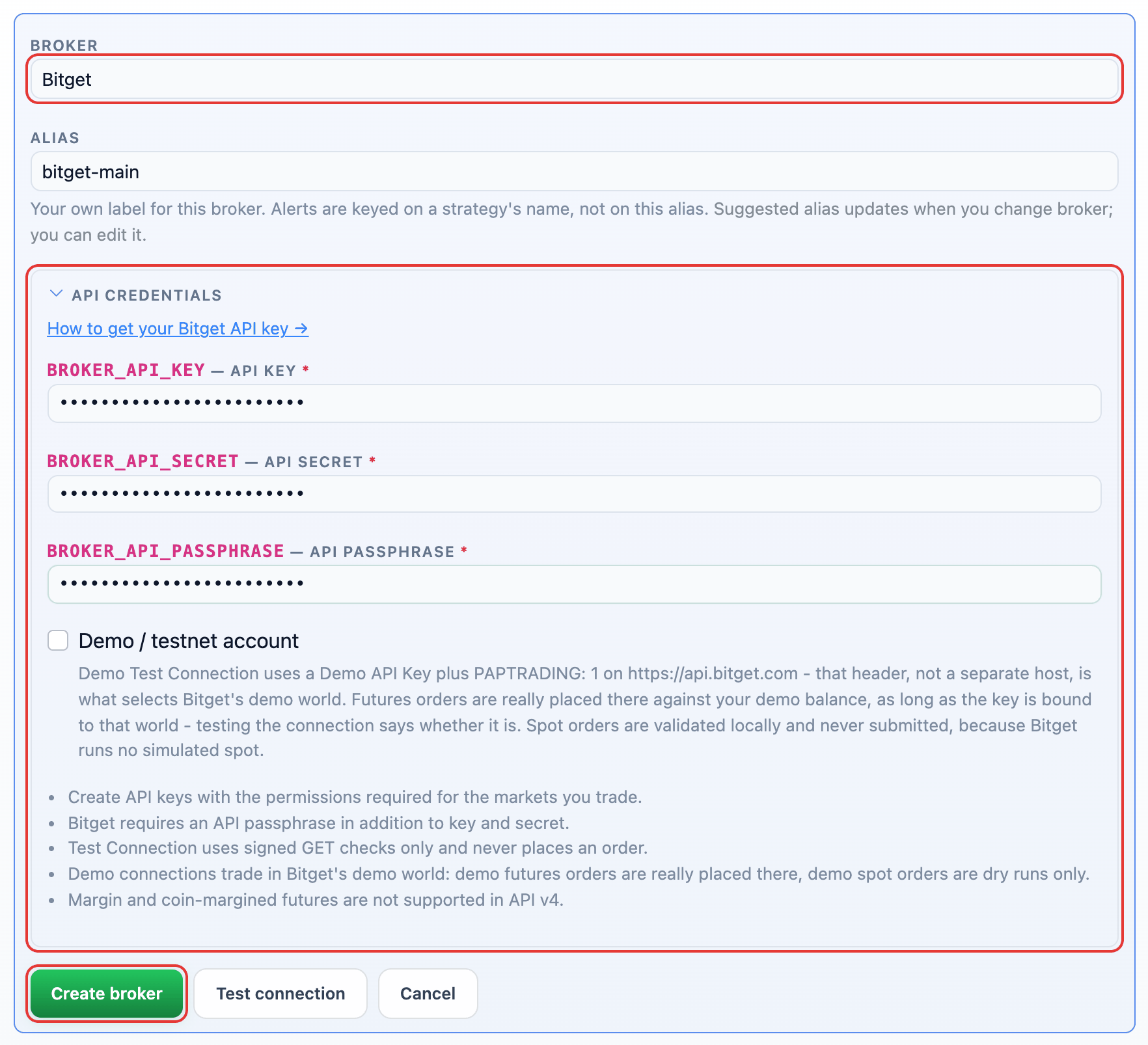 Bitget selected in the Add broker form with its API credential fields and the Create broker button