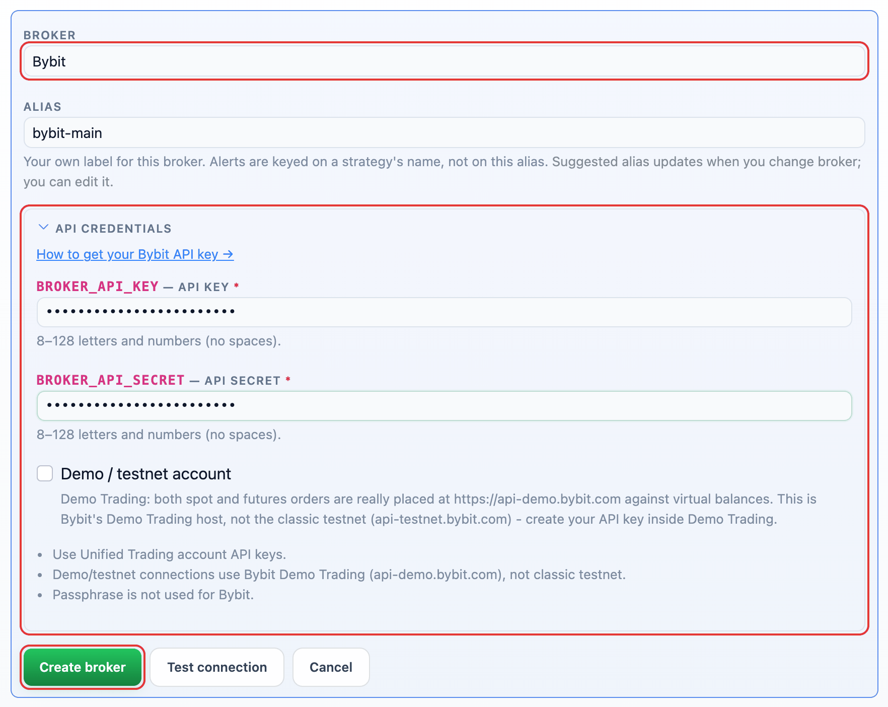 Bybit selected in the Add broker form with its API credential fields and the Create broker button