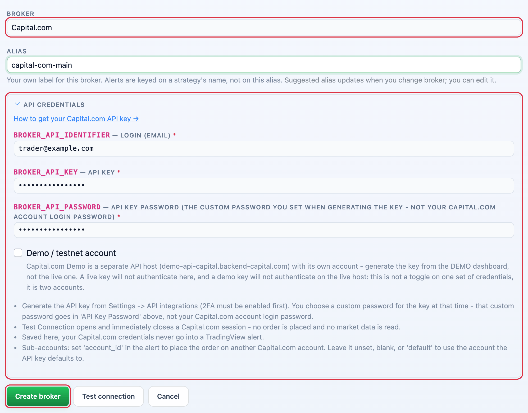 Capital.com selected in the Add broker form with its API credential fields and the Create broker button