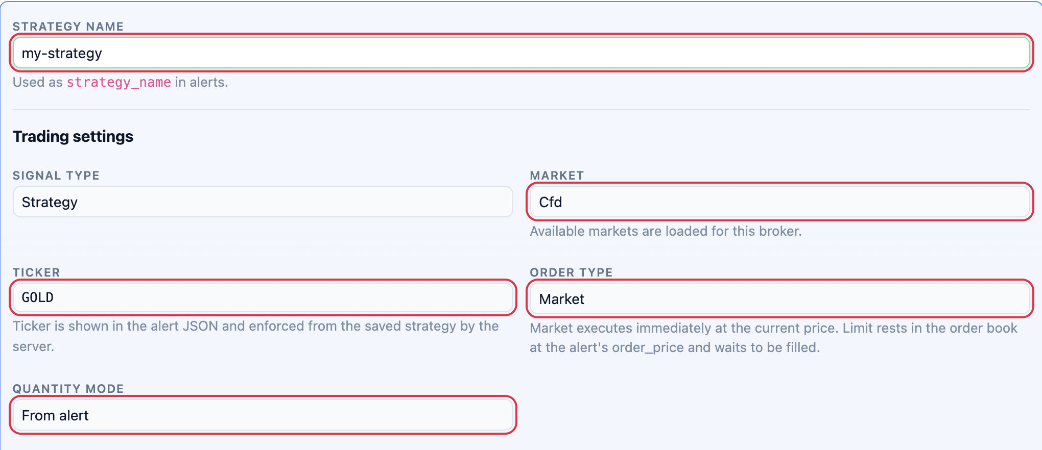 Add strategy form for Capital.com: strategy name, market, ticker, order type and quantity mode