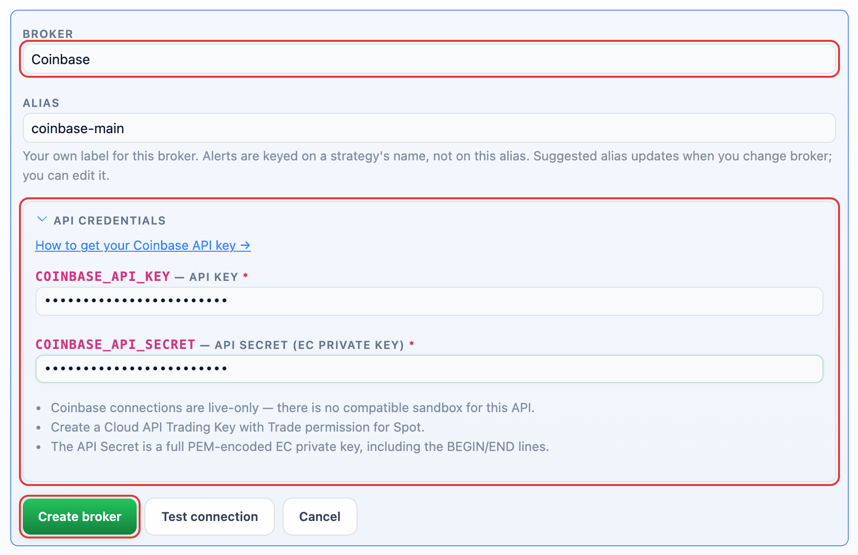 Coinbase selected in the Add broker form with its API credential fields and the Create broker button