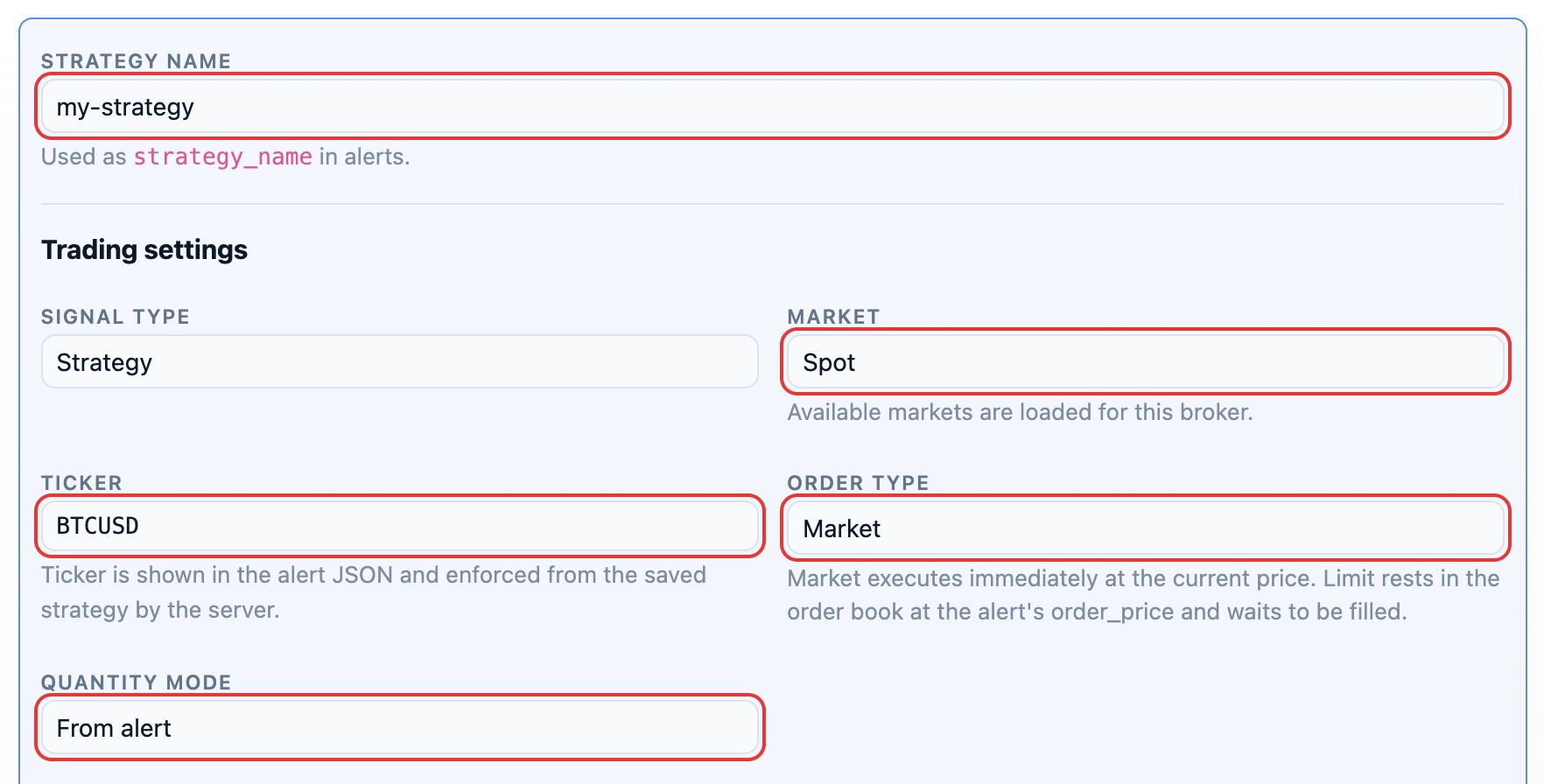 Add strategy form for Coinbase: strategy name, market, ticker, order type and quantity mode