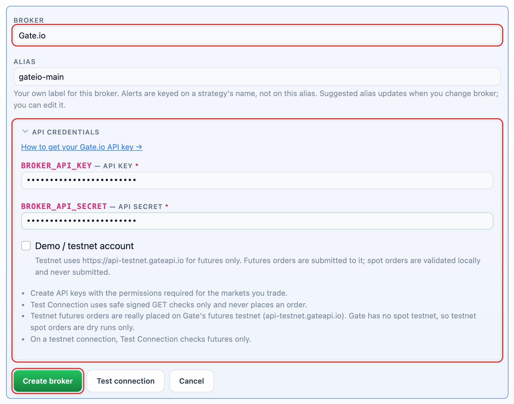 Gate.io selected in the Add broker form with its API credential fields and the Create broker button