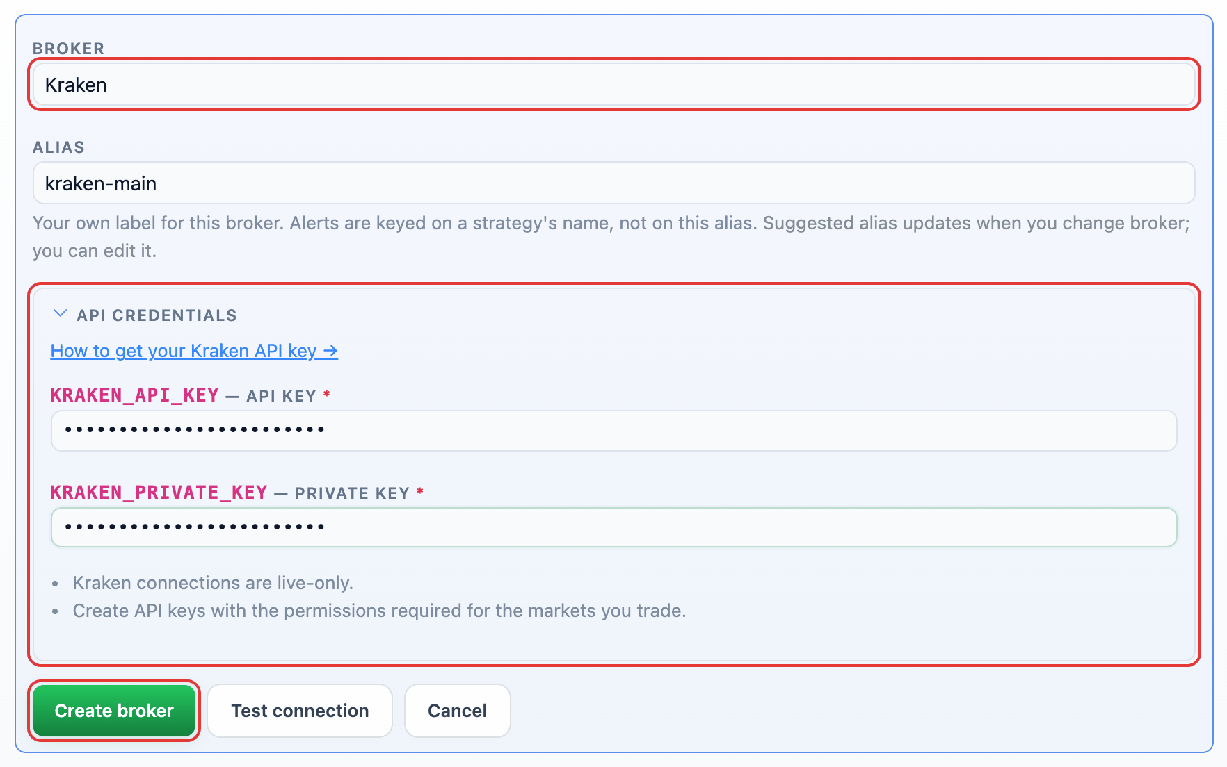 Kraken selected in the Add broker form with its API credential fields and the Create broker button
