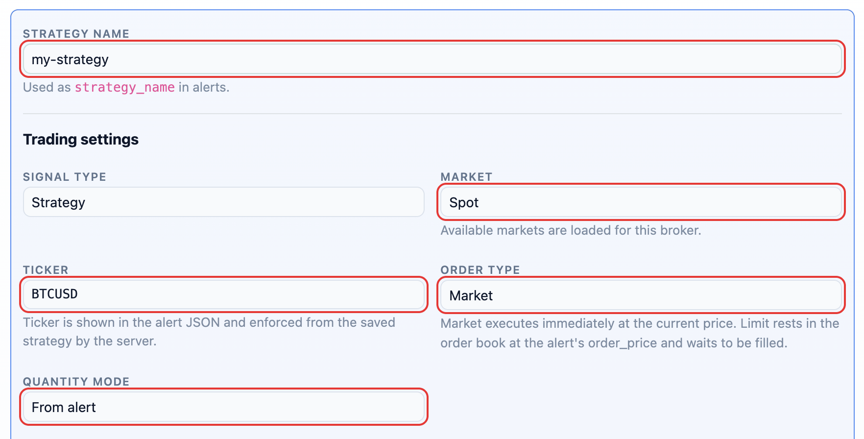 Add strategy form for Kraken: strategy name, market, ticker, order type and quantity mode