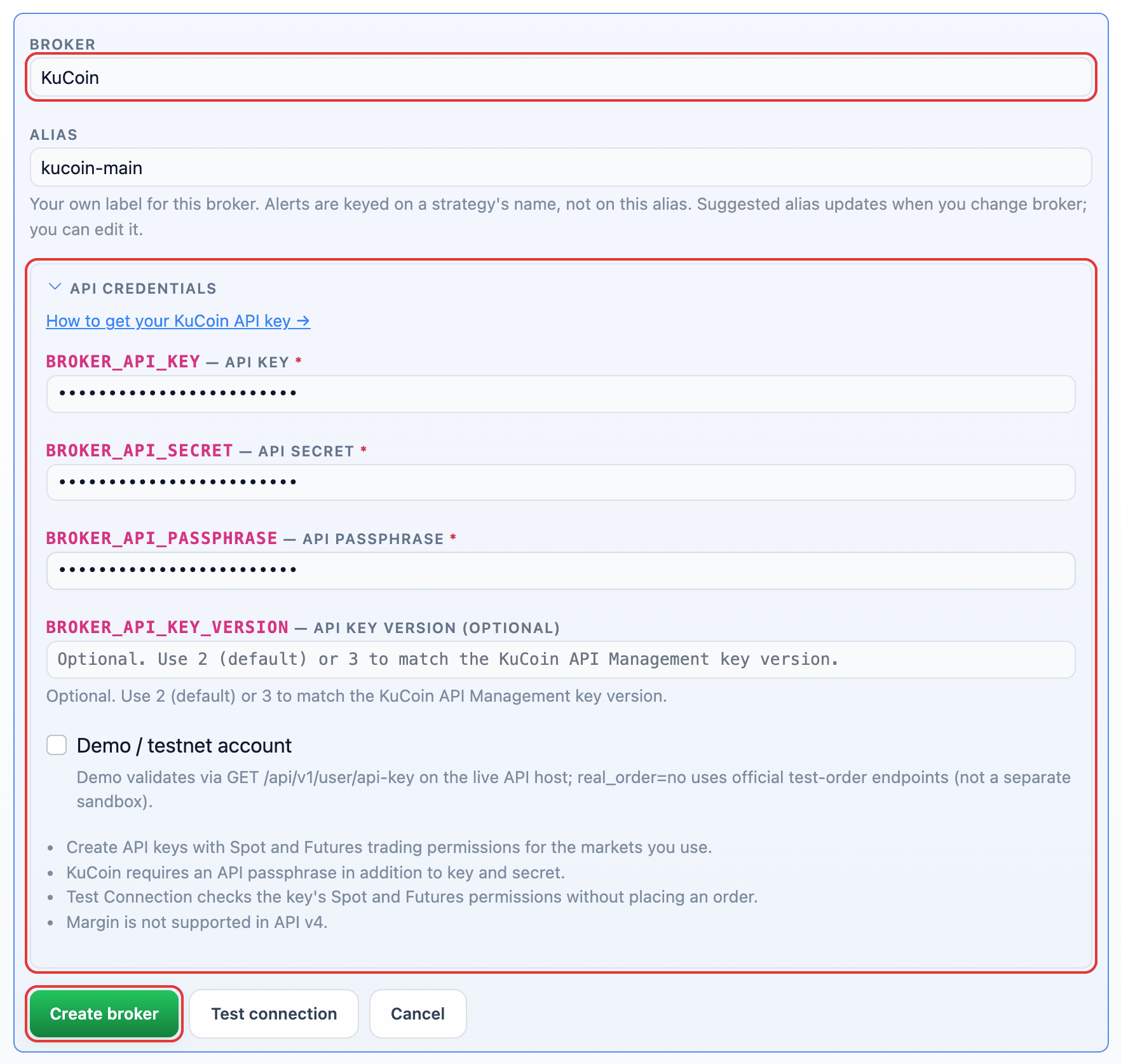 KuCoin selected in the Add broker form with its API credential fields and the Create broker button
