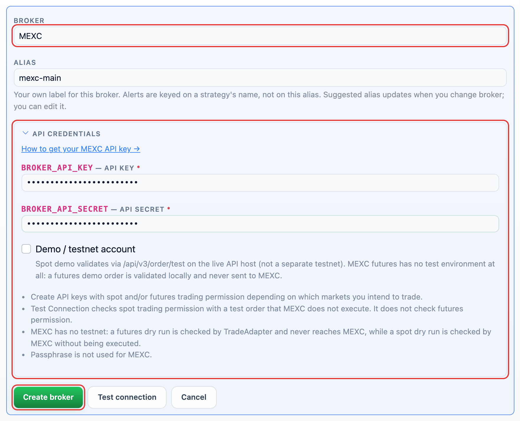 MEXC selected in the Add broker form with its API credential fields and the Create broker button