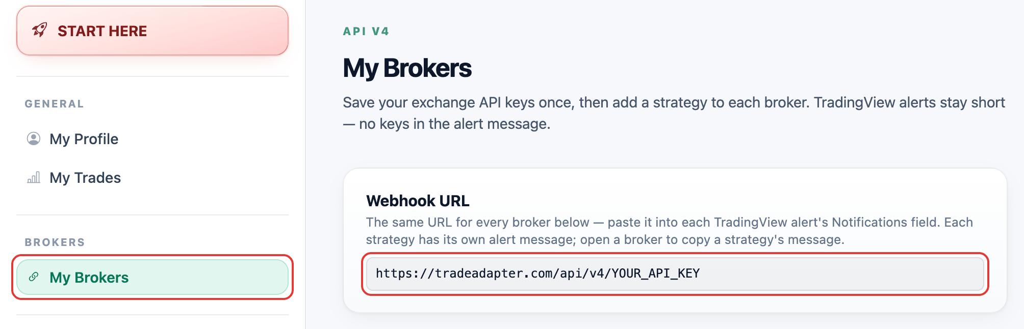 My Brokers in the TradeAdapter sidebar and the Webhook URL at the top of the page