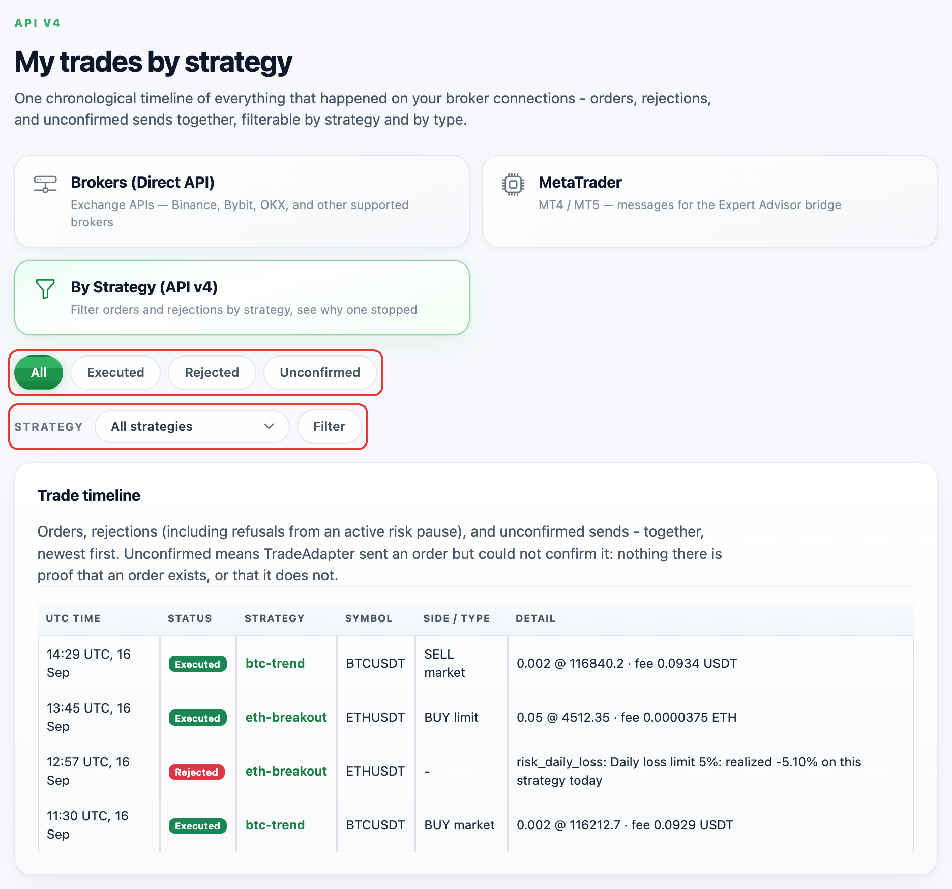 TradeAdapter My Trades by strategy: type filters, strategy filter and the trade timeline