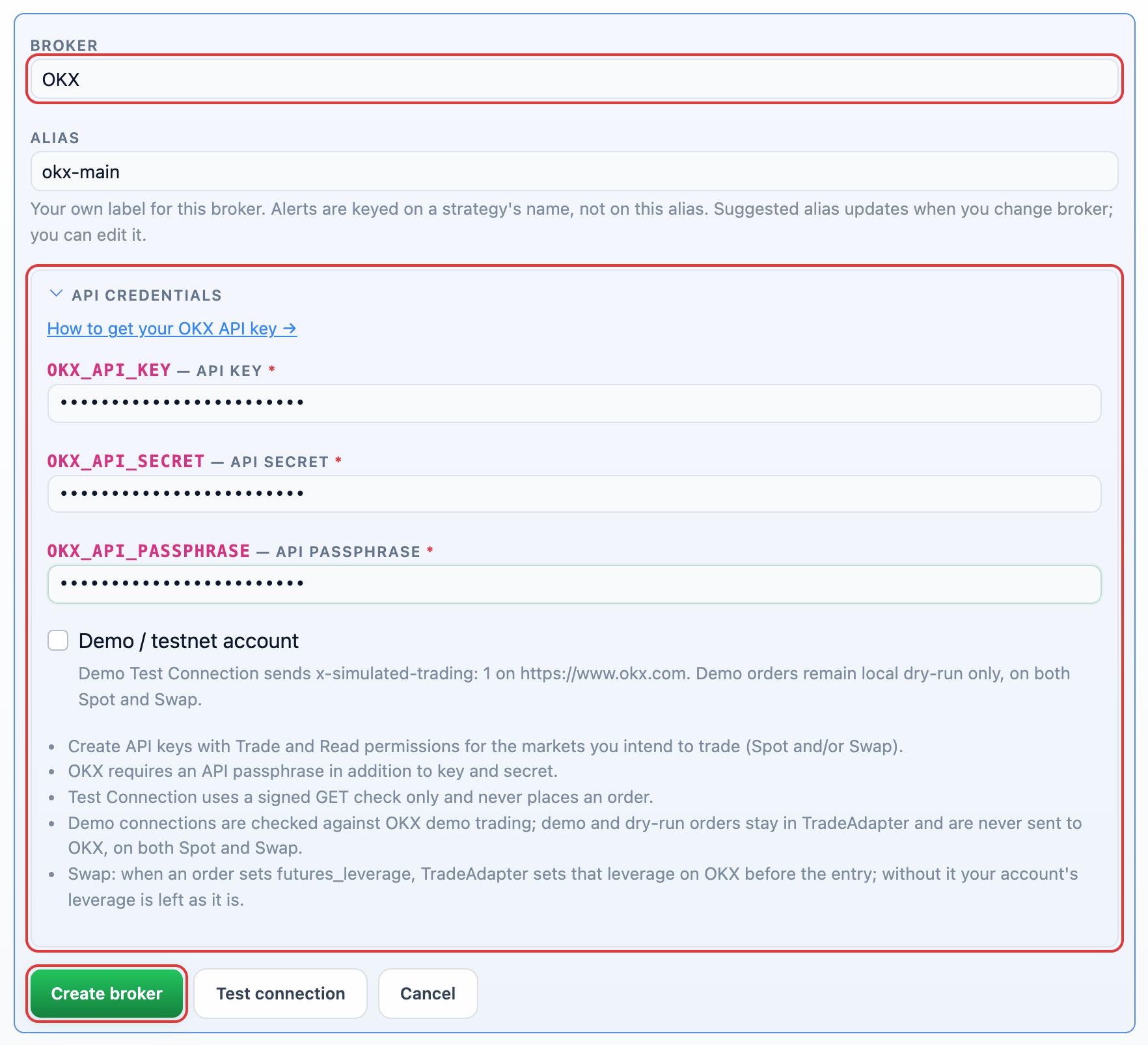 OKX selected in the Add broker form with its API credential fields and the Create broker button