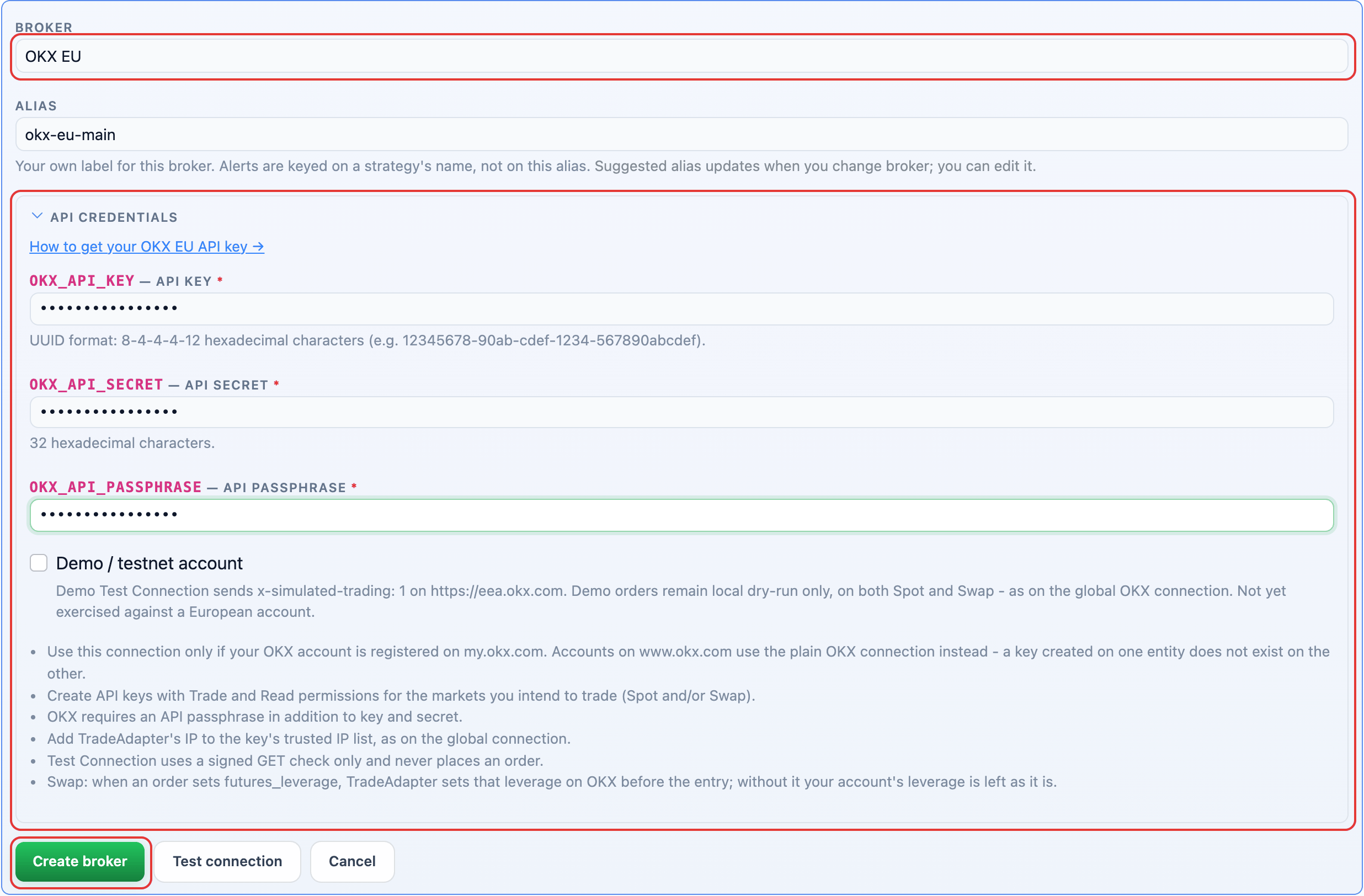 OKX EU selected in the Add broker form with its API credential fields and the Create broker button