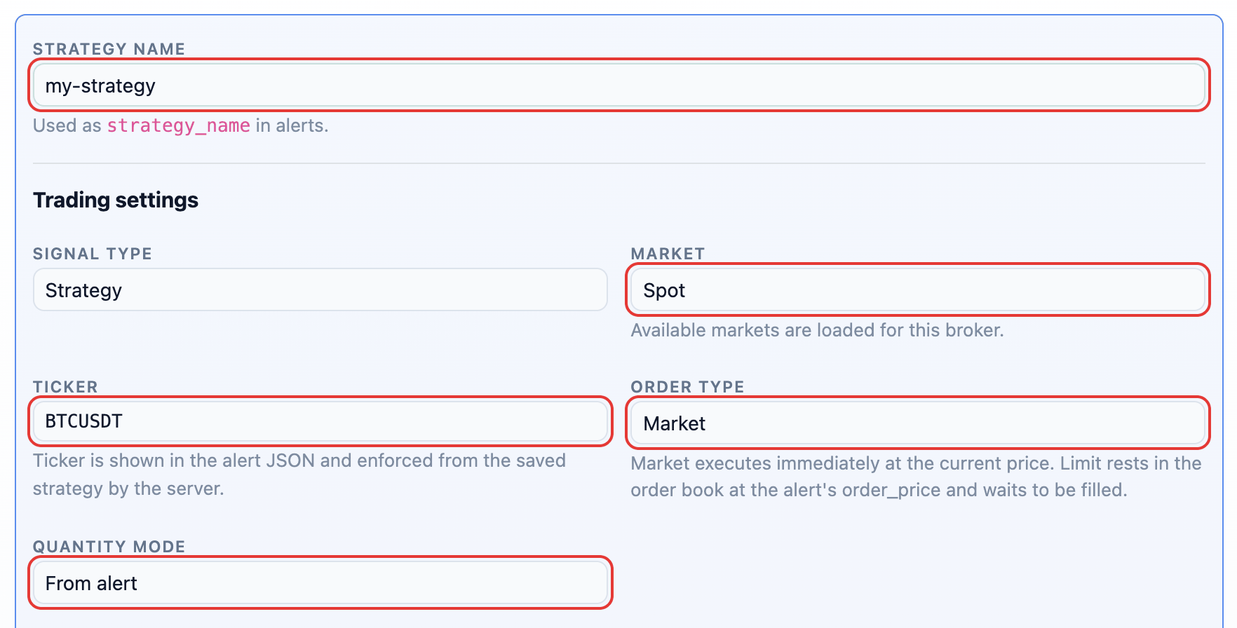 Add strategy form for OKX EU: strategy name, market, ticker, order type and quantity mode
